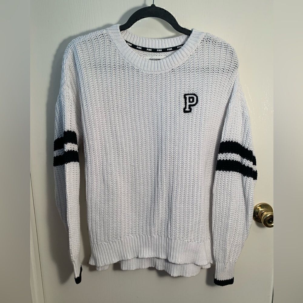 PINK white/black varsity style striped sleeve knit sweater Size Small